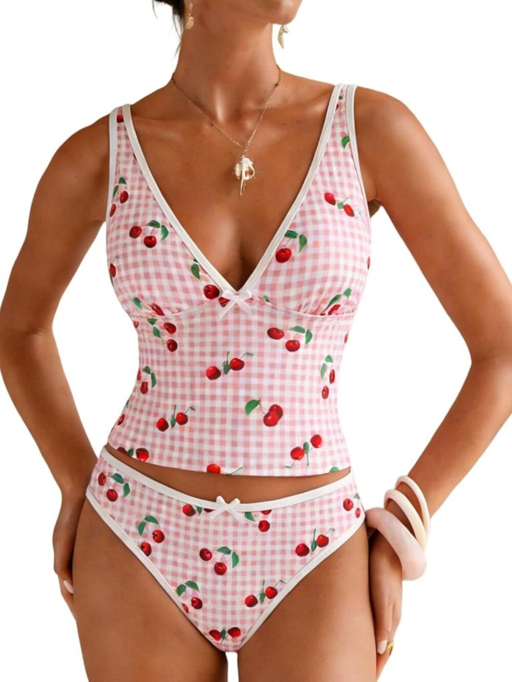 Stylish V-Neck Two-Piece Tankini Swimsuit for Women - Tummy Control, Bowknot